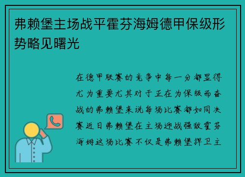 弗赖堡主场战平霍芬海姆德甲保级形势略见曙光
