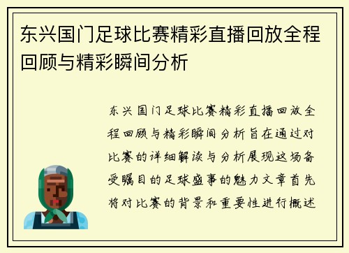 东兴国门足球比赛精彩直播回放全程回顾与精彩瞬间分析